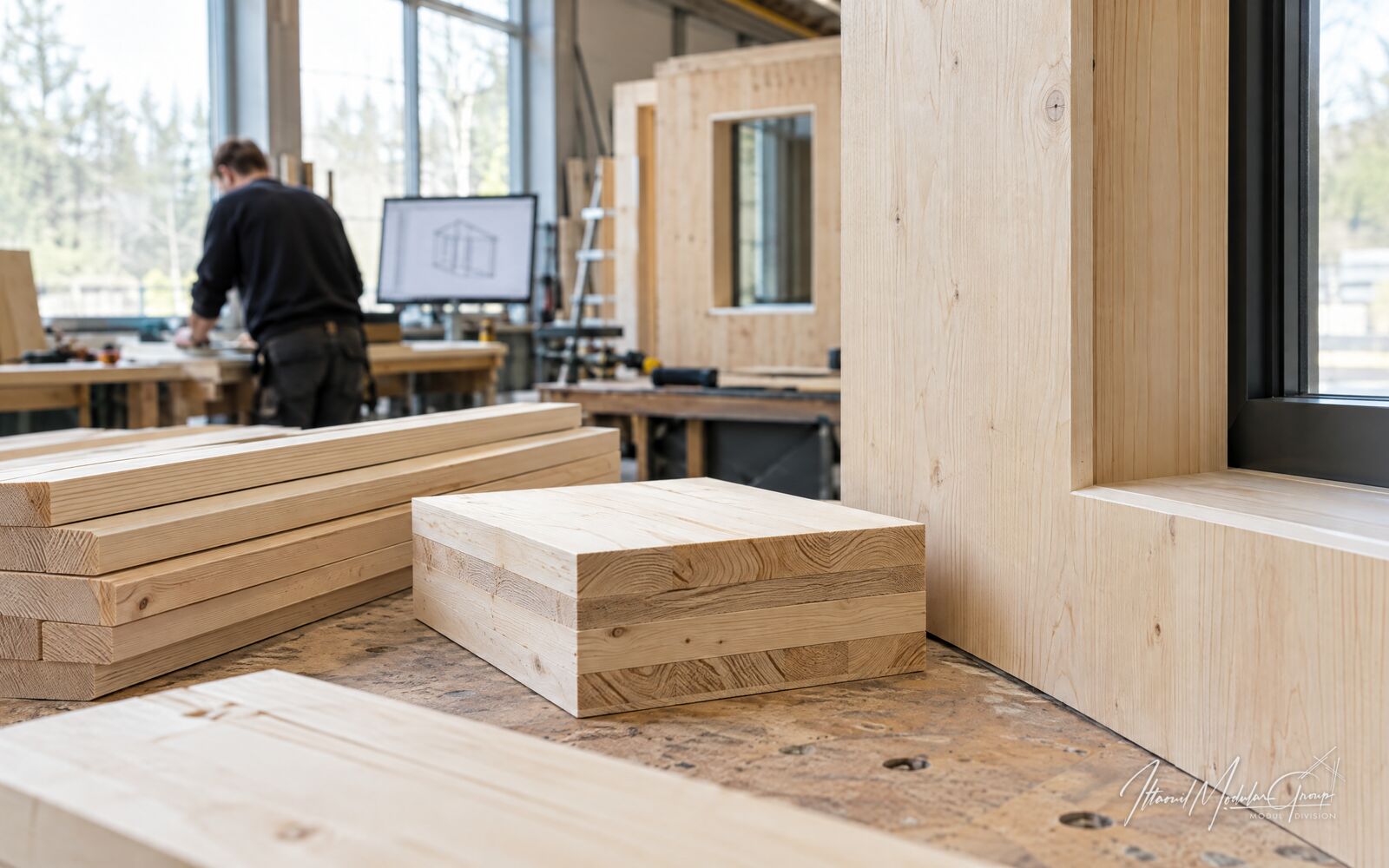 Trælameller og CLT-prøve ved et bearbejdet vindueshul