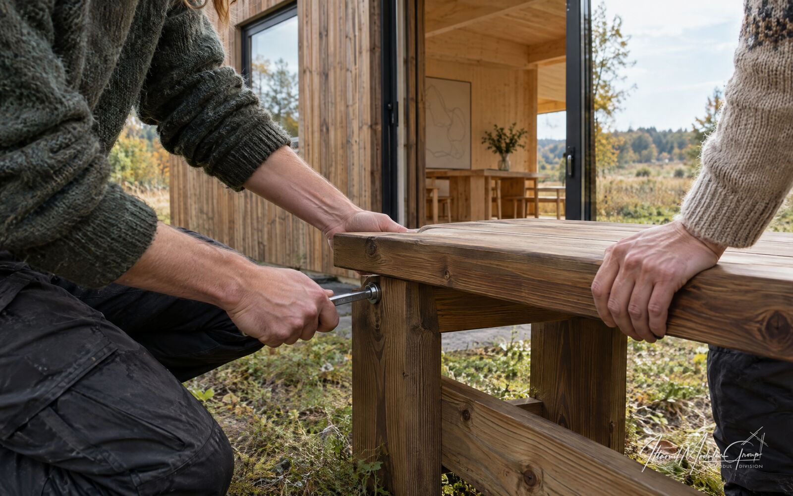 Hænder strammer en samling i en fælles træbænk ved en træbeklædt bygning