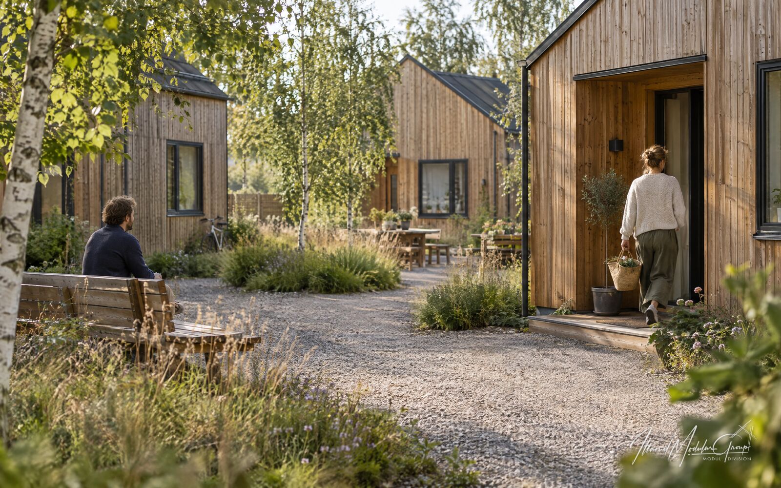 Beboere ved en fælles bænk og en privat indgang mellem træbeklædte boliger