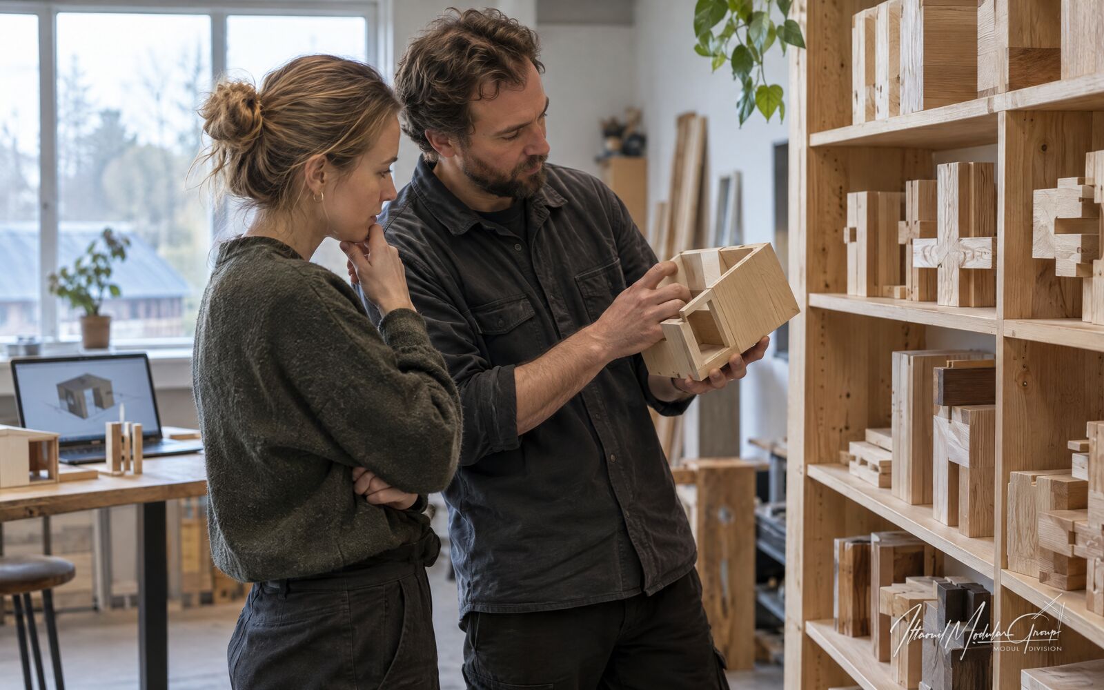 Arkitekt og byggespecialist undersøger en lille model af moduler i træ