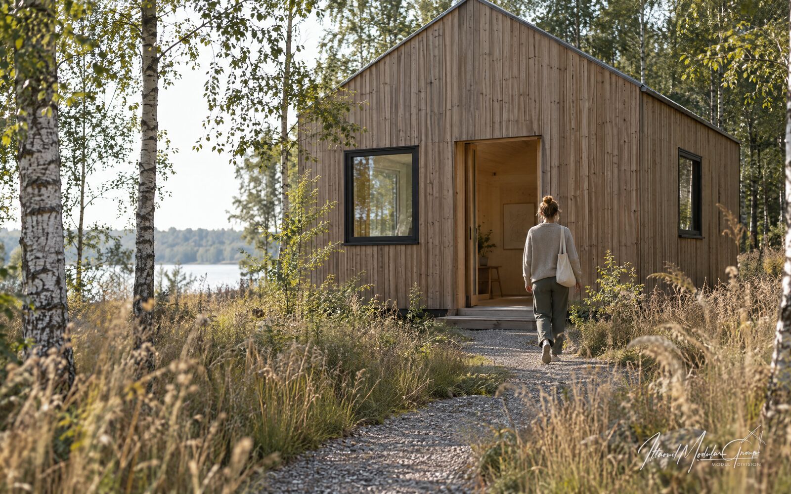 En person går ad en grussti mod en åben dør i et træhus ved birketræer