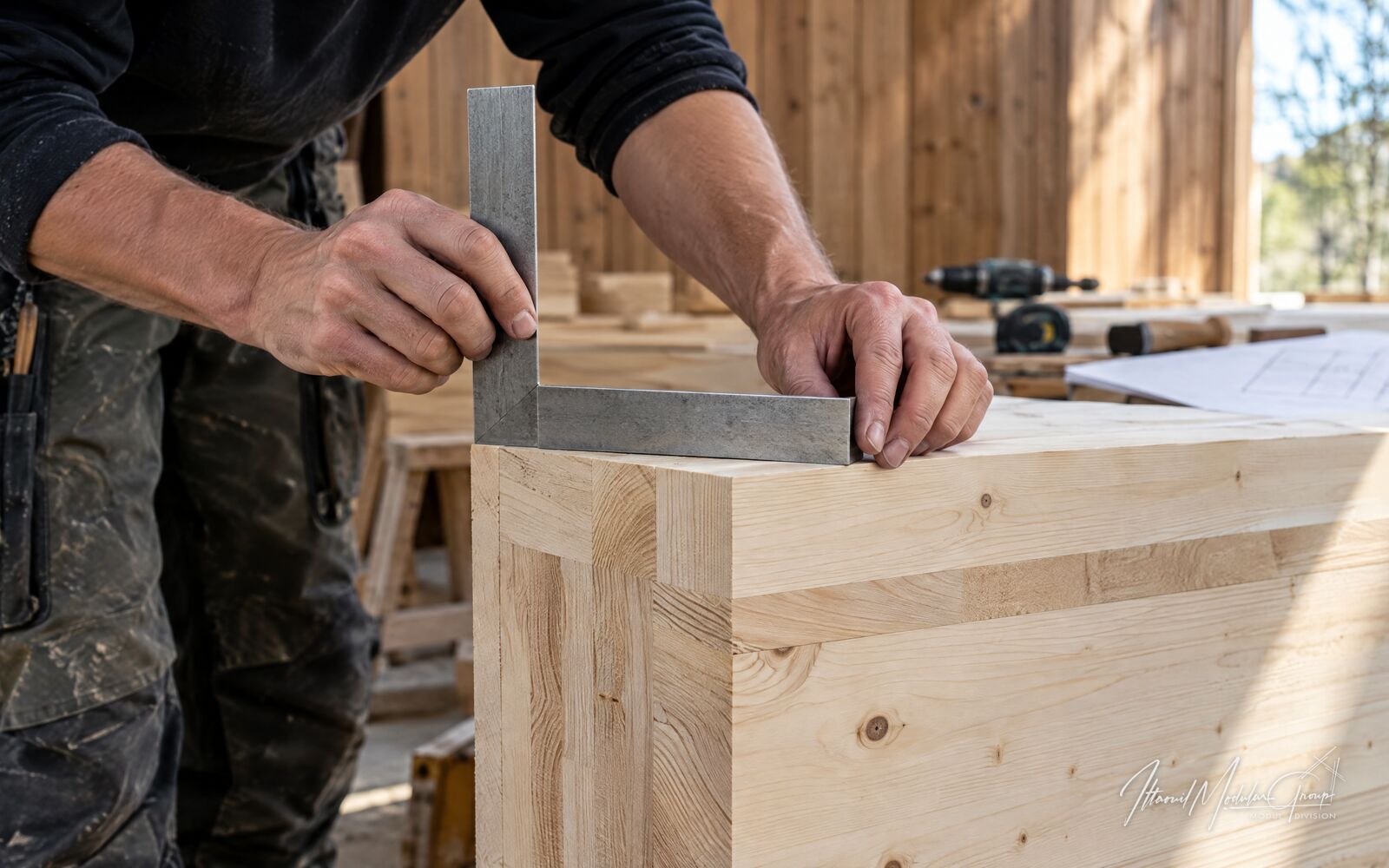 Hænder kontrollerer en træsamling med en metalvinkel