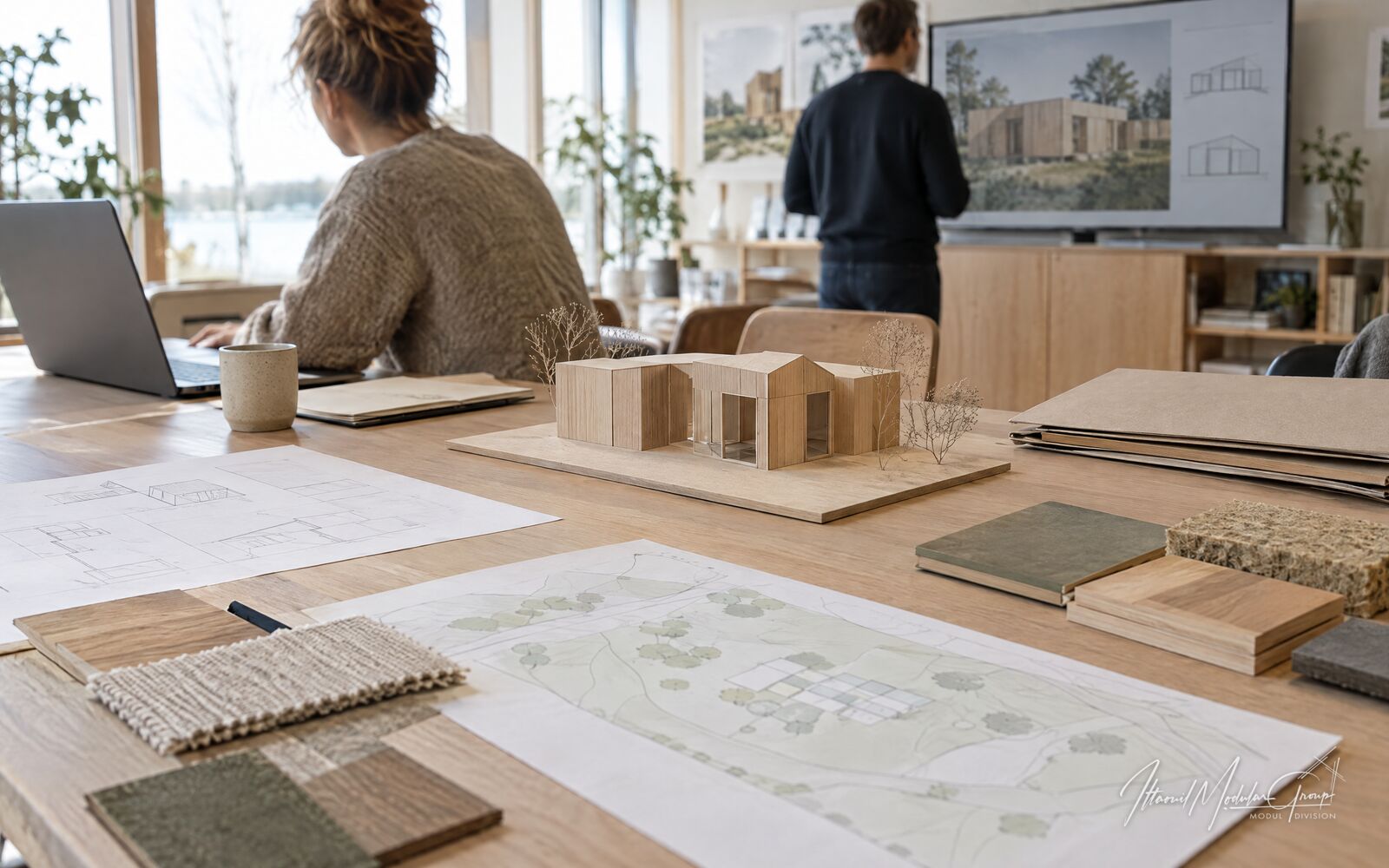 Situationsplan og en enkel træmodel på et mødebord