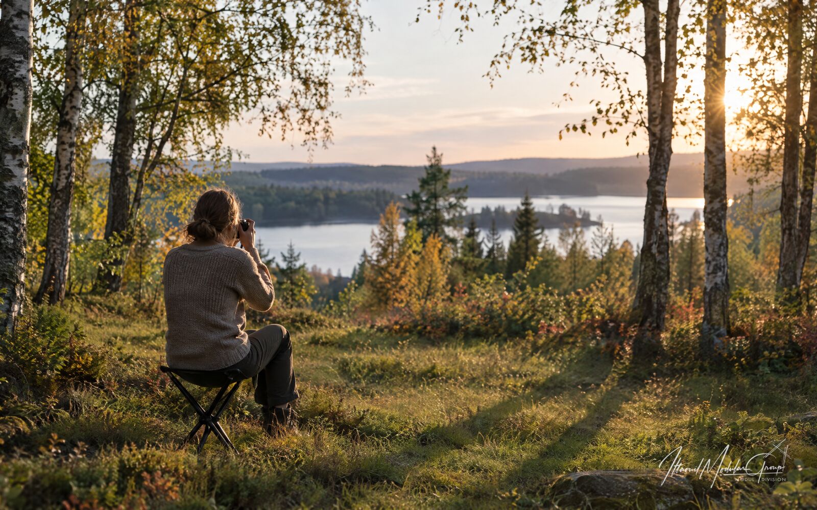 En person på en foldestol fotograferer en lysning med lange træskygger