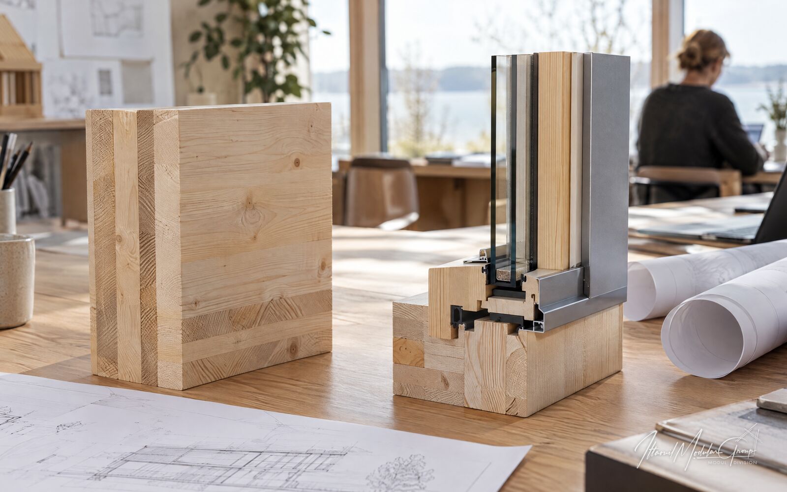 CLT-prøve og vinduessamling ved siden af projekteringstegninger