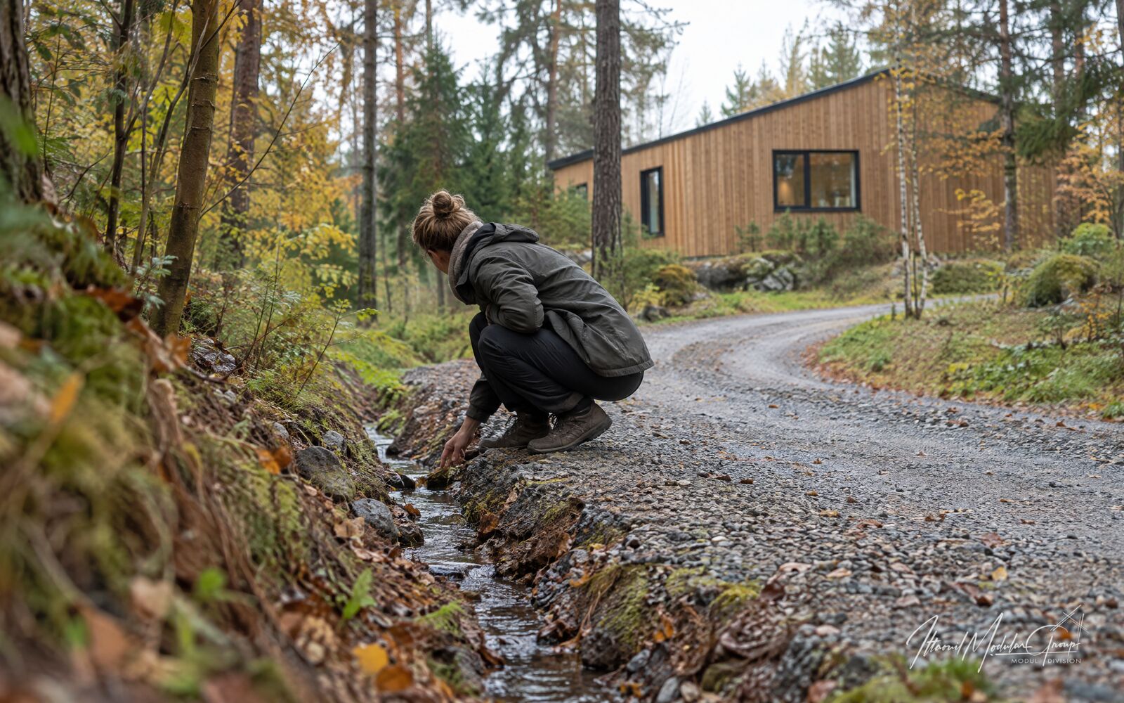 En rådgiver undersøger en rende ved kanten af en snoet grusvej i skoven