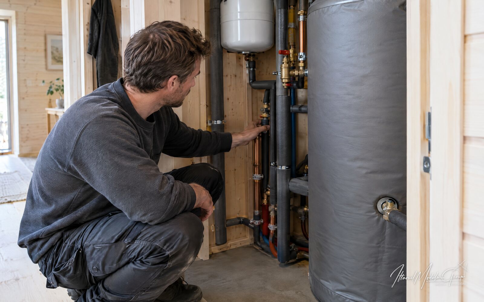 Installatør gennemgår rør og varmtvandsbeholder i et træhus