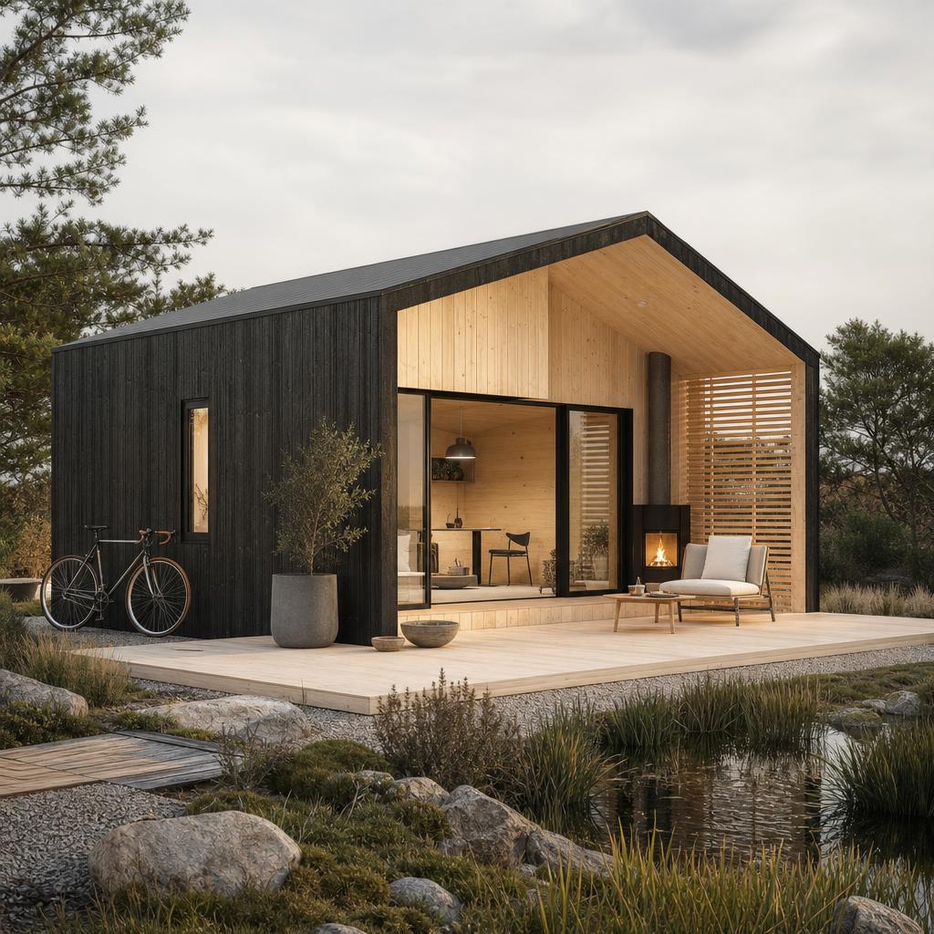 Kompakt micro-home i træ med terrasse og plads til hverdagsliv