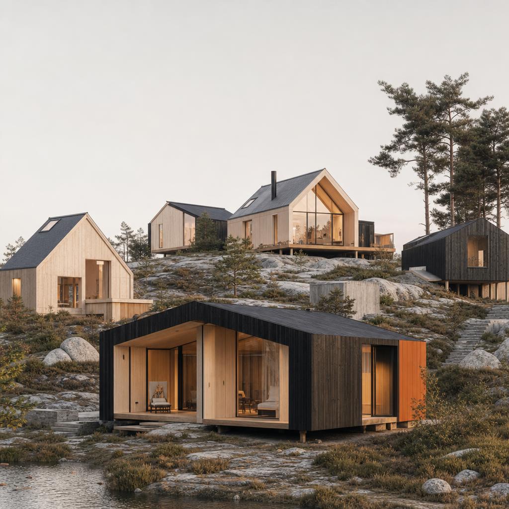 Samling af modulhuse i CLT og ThermoWood i et nordisk landskab