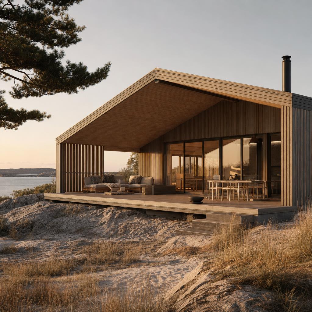 Nordisk sommerhus i træ ved kysten med beskyttet terrasse
