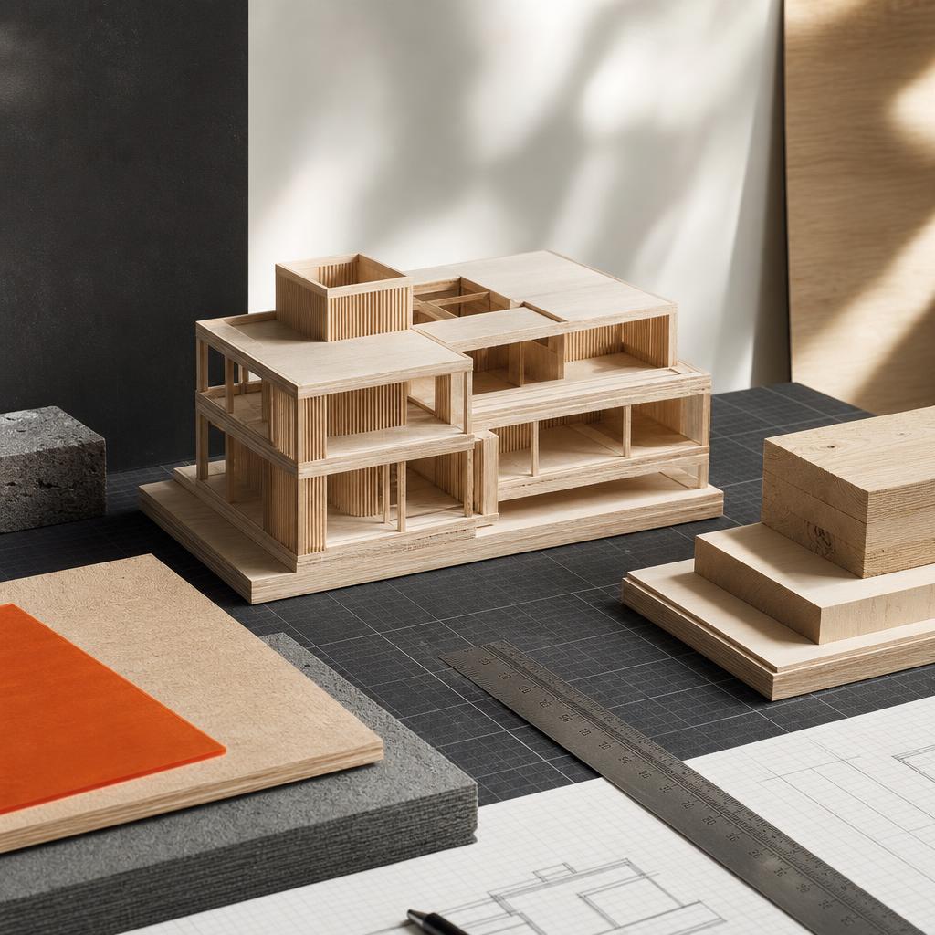 Arkitekturmodel i træ med materialeblokke og værktøjer til projektberegning