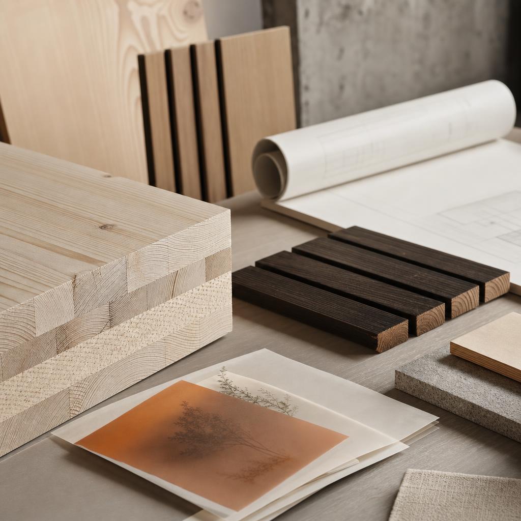 CLT og ThermoWood materialeprøver med plantegninger til modulbyggeri