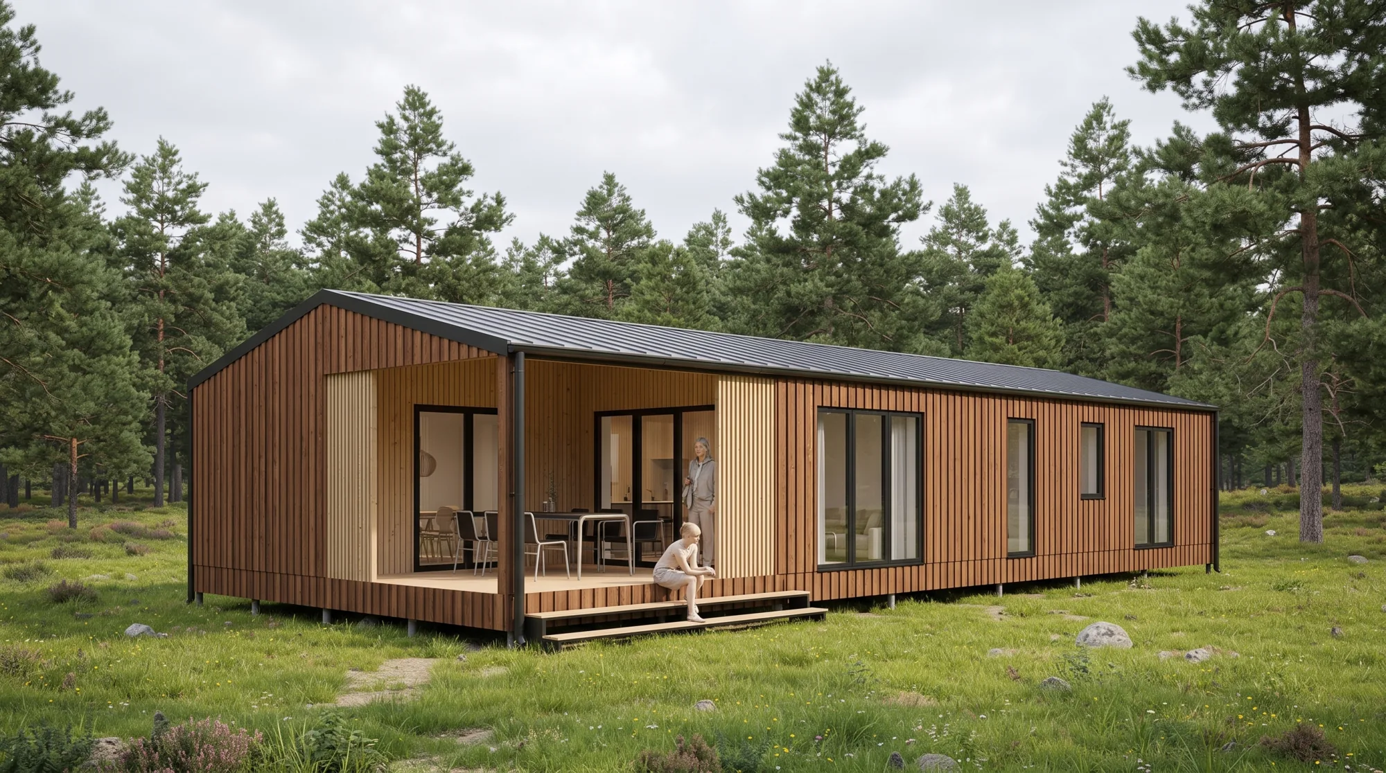 Fjordhuset 96 med lodret ThermoWood-beklædning og sorte vinduesrammer