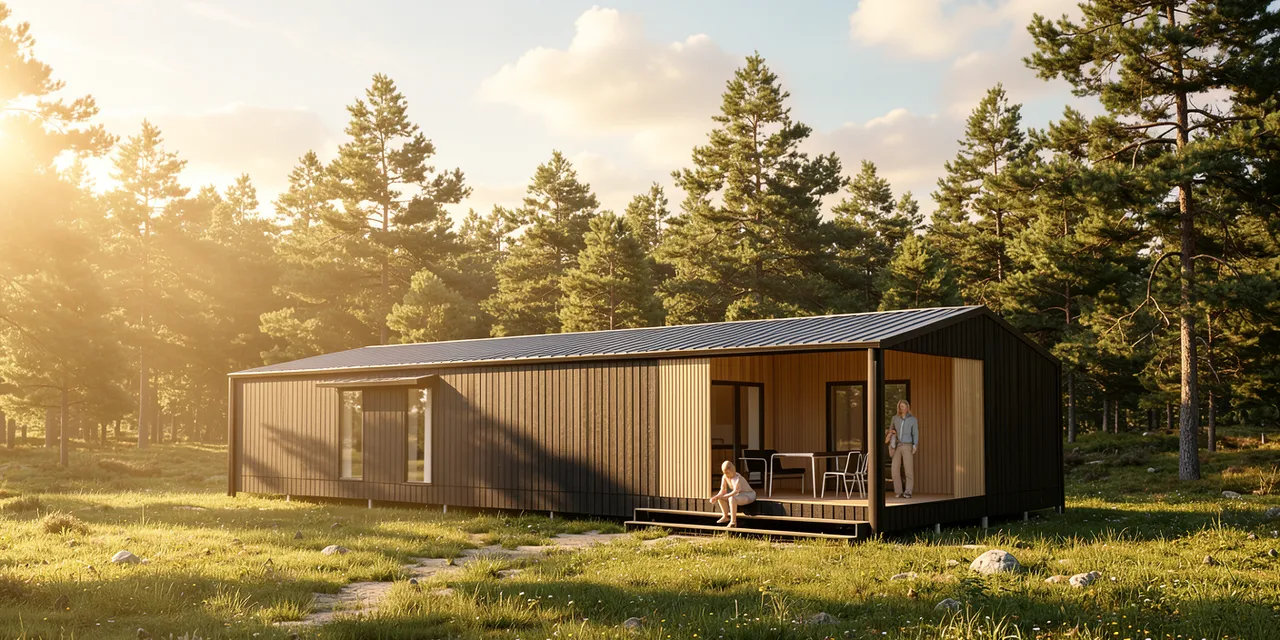 Modulhuset 100 med lang træfacade i et skovlandskab