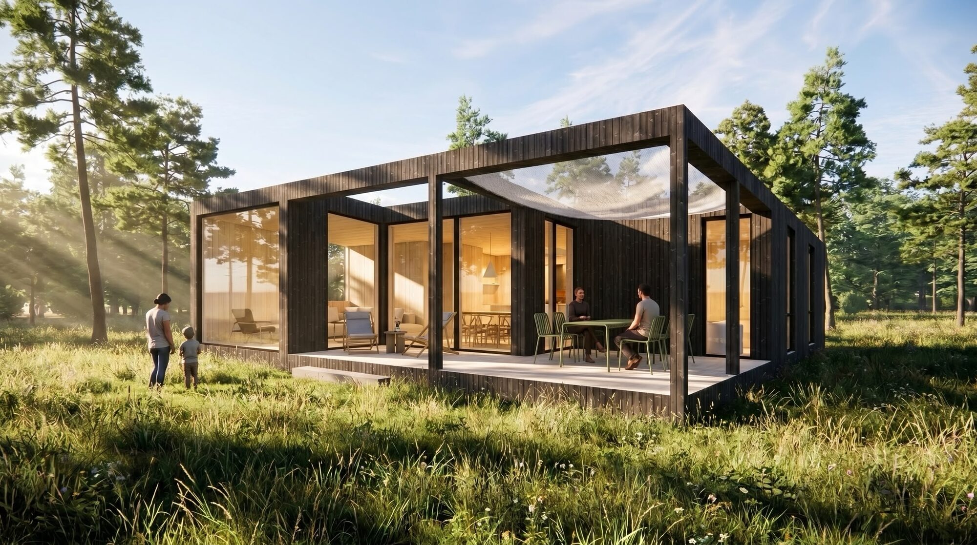 Foldhuset 98 med mørk træfacade, store glaspartier og integreret terrasse i et skovmiljø